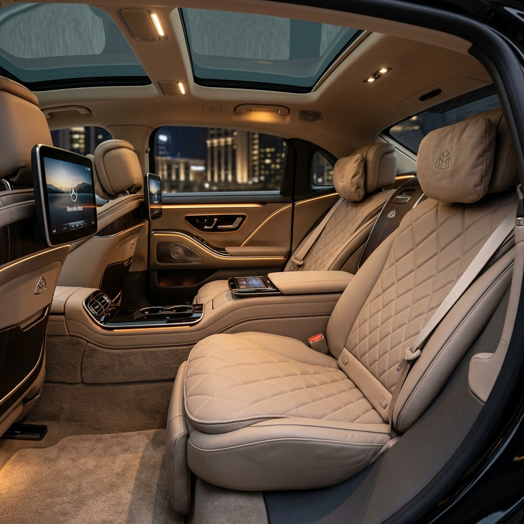 Akşam ortam ışığında S-Class arka yolcu kabininin temsili görünümü