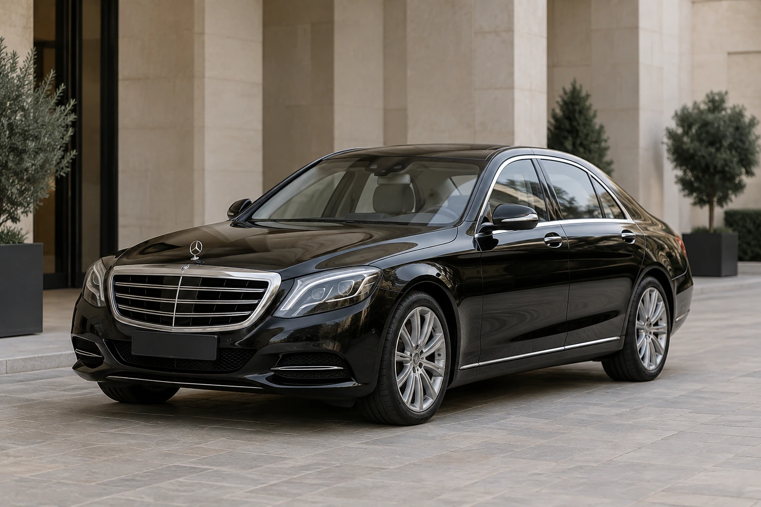 Siyah Mercedes S-Class sedanın temsili görünümü