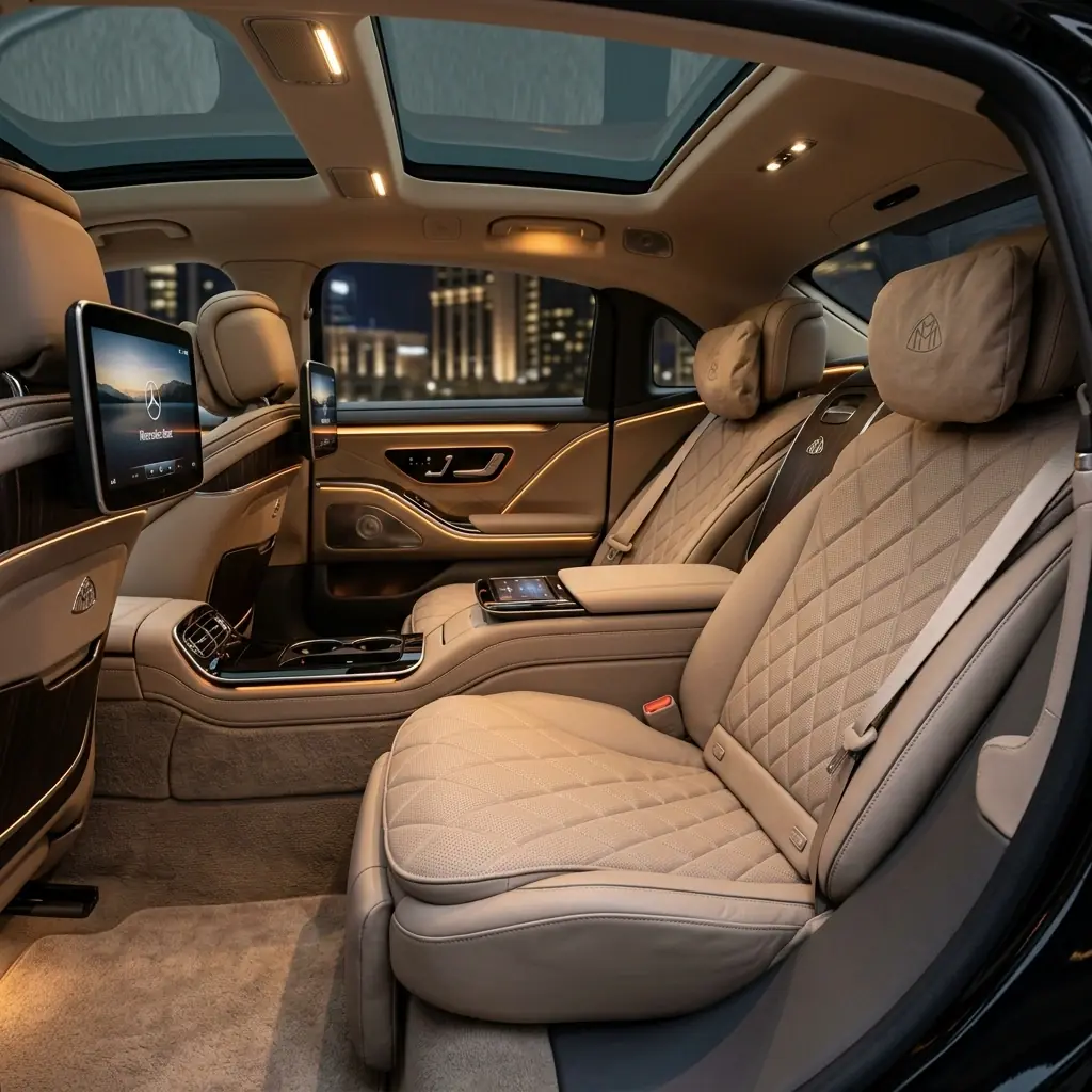 Akşam ortam ışığında S-Class arka yolcu kabininin temsili görünümü